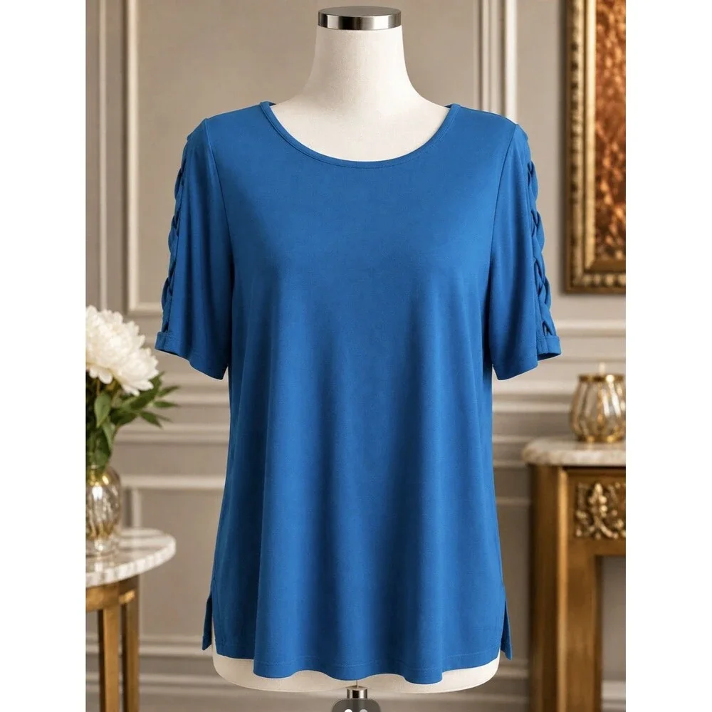 Women’s Teal Blue Scoop Neck Top Ruched Sleeve Stretch Knit Blouse Size S
